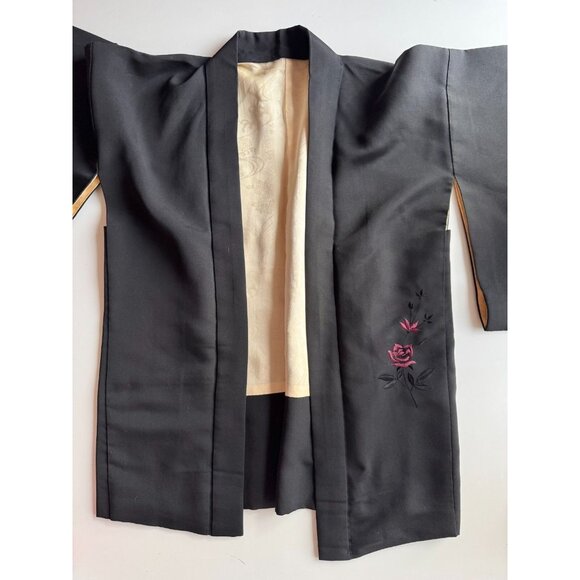 Vintage Japanese Black Maroon Floral Embroidered Kimono Robe, One Size - Picture 3 of 15